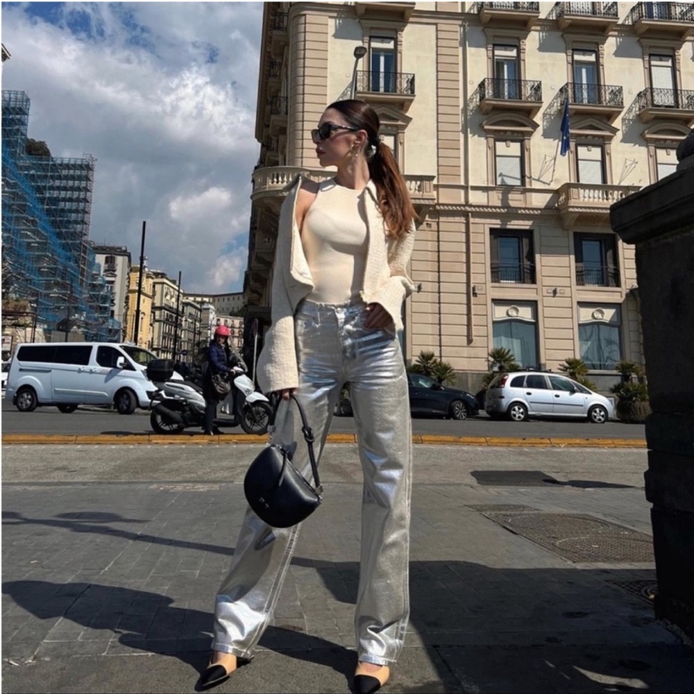 Zara Women's Silver Metallic Jeans Size 10 Straight Leg